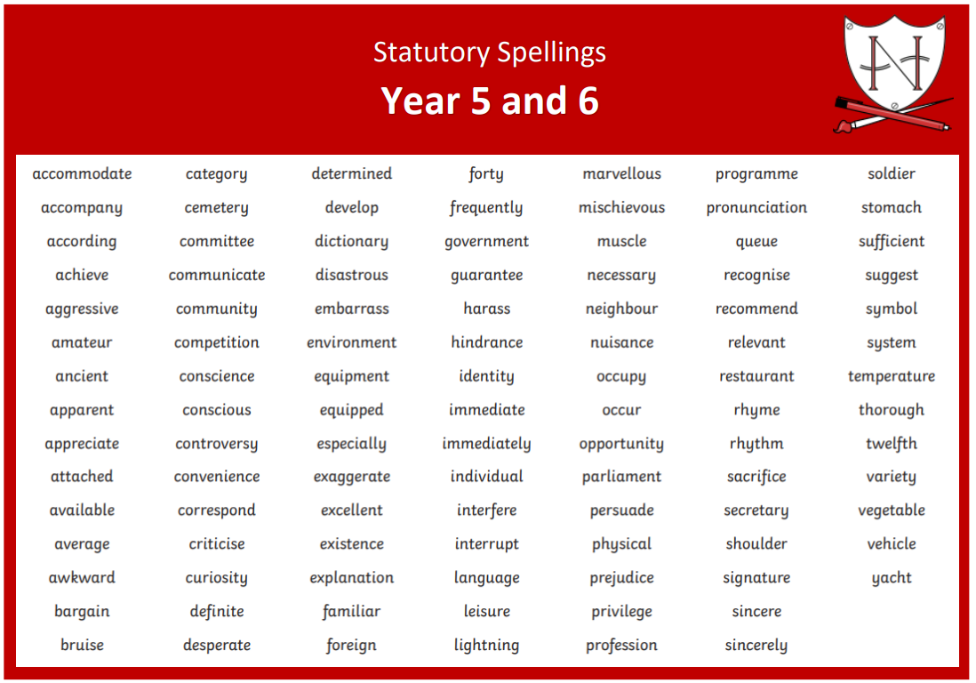 Year Five and Six Spelling lists