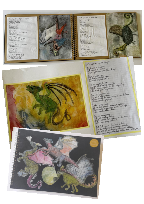 photos of children's art work and writing about dragons