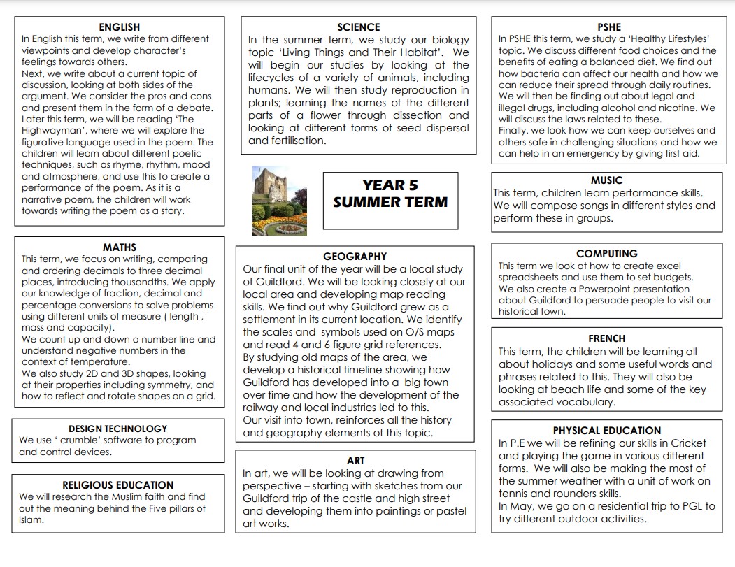 table of topics covered by year five during summer term
